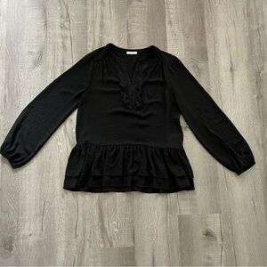 Pleione Black Puff Sleeve Ruffled Peplum Blouse